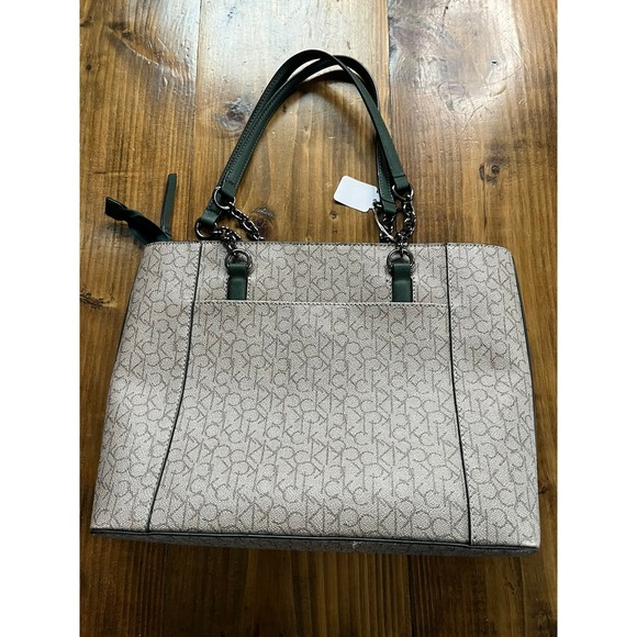 Calvin Klein Monogram Tote Bag Dark Green Leather Trim Chain Strap - Picture 3 of 6